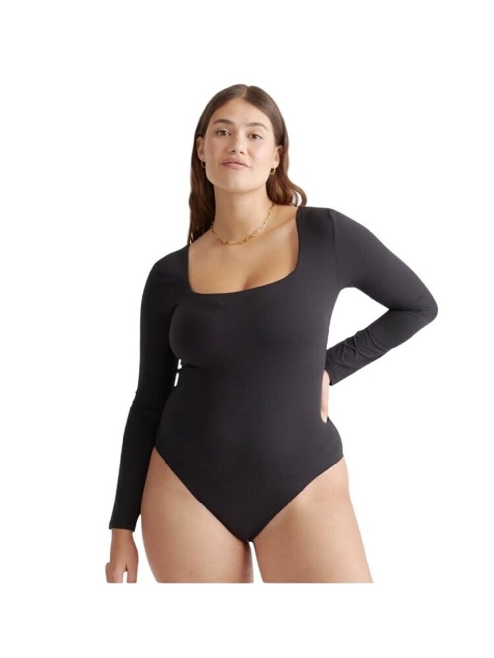 Quince Second Skin Square Neck Long Sleeve Black Bodysuit Size M